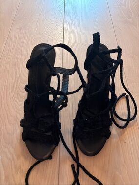 Joie Black Braided Lace-Up Heeled Sandals